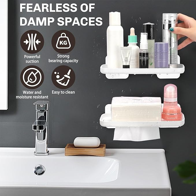 2 Pack Adhesive Floating Shelves No Drill Small Floating Shelf for Wall Storage Damage-Free Wall Mounted Organizer for Bathroom, Kitchen, Bedroom & Office (White-4pcs)
