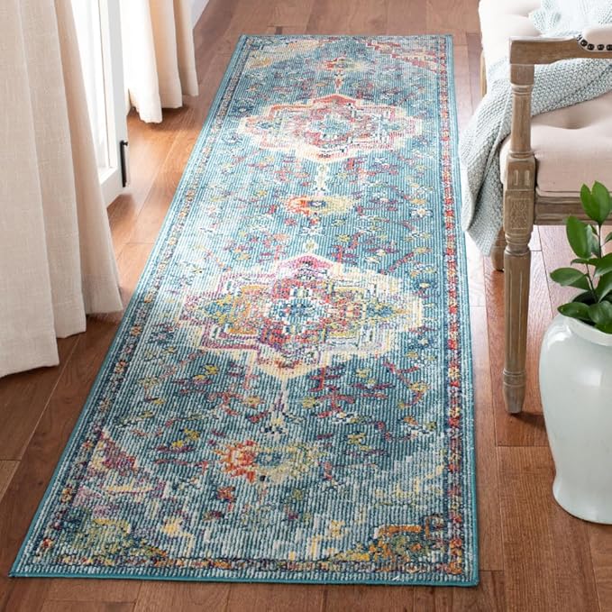 SAFAVIEH Crystal Collection Runner Rug - 2'2" x 13', Teal & Orange, Medallion Distressed Design, Non-Shedding & Easy Care, Ideal for High Traffic Areas in Living Room, Bedroom (CRS501J)