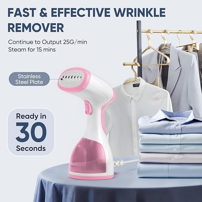 Steamer for Clothes, Kolohoso 1500W Fast Heat Up Handheld Garment Steamer, Portable Travel Clothing Fabric Steamer with Upgraded Nozzle and 260ml Water Tank (LightPink)