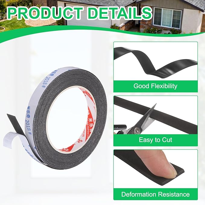 PATIKIL Sponge Rubber Foam Tape, 5/8" W x 5/64" t x 16.4ft l Self-Adhesive Foam Insulation Tape Weather Stripping for Window Door Soundproofing Weatherstrip AC Seal Strip, Black