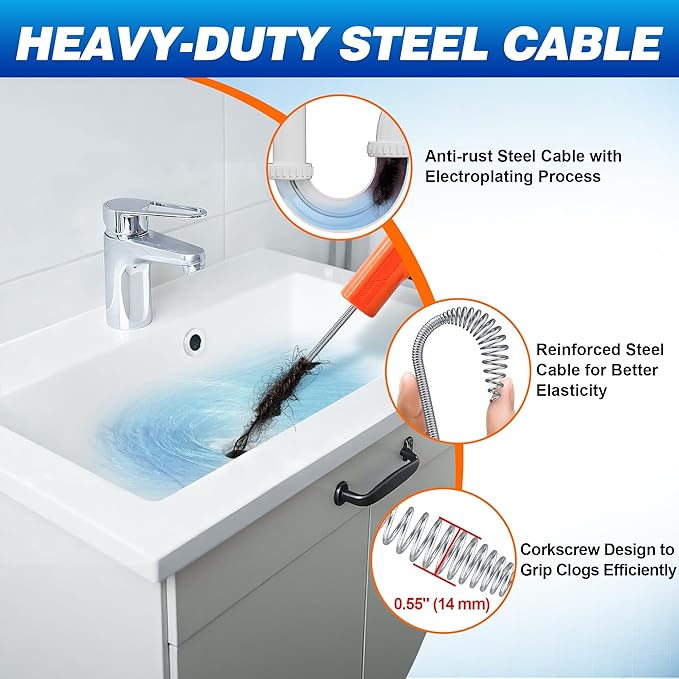 Auto Feed Drain Auger with Gloves, 33 Ft Drain Snake Hair Clog Remover, Heavy Duty Plumbing Snake Drain Clog Remover for Bathroom Sink, Bathtub Drain, Shower Cleaning