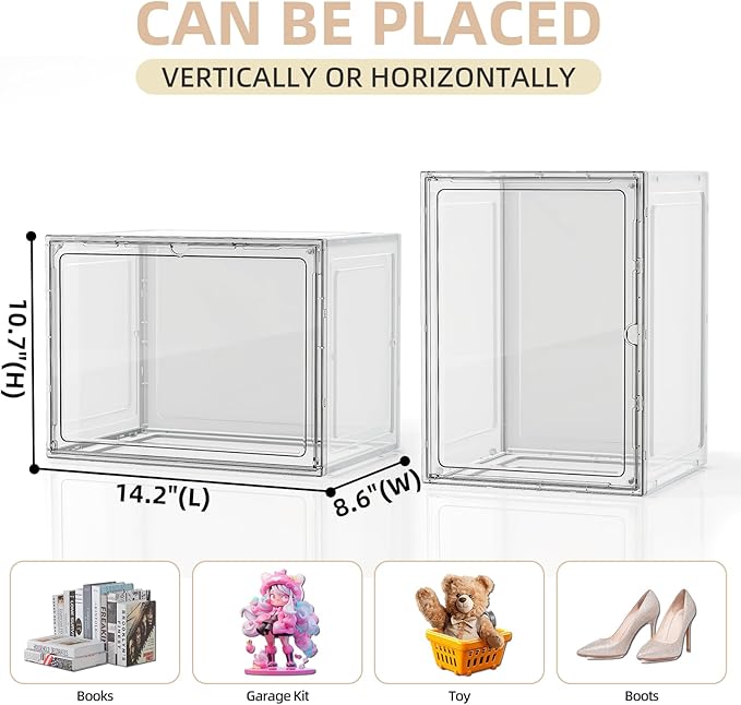 5 Pack Stackable Storage Bins with Lids, White Plastic Storage Container with Clear Lids, Clear Display Case with Magnetic Door for Purse, Handbag, Figure, Collectibles, Doll, Bag, 14.2"x8.66x10.6"