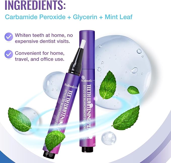 Viebeauti Teeth Whitening Pen Gel, Purple Packaging Tooth Whitener with Carbamide Peroxide for Sensitive Teeth, Precision Whitening Brush Pen for Stain Removal, Travel Size 0.2 Fl Oz