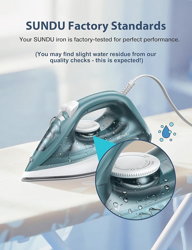 Sundu 1500W Self-Cleaning Iron for Clothes with Auto Shut-Off, Ceramic Coated Soleplate and 12oz Water Tank, Burst Steam for Fast Wrinkle Removal, Precise Thermostat, Green