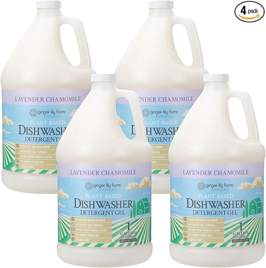 Ginger Lily Farms Botanicals Plant-Based Dishwasher Detergent Gel, 100% Vegan & Cruelty-Free, Lavender Chamomile Scent, 1 Gallon Refill (Pack of 4)