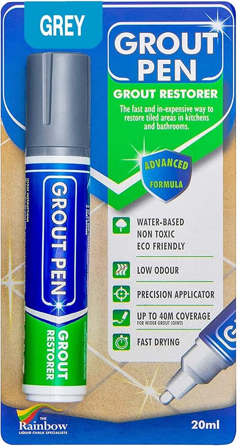 Grout Pen Grey Tile Paint Marker: Waterproof Grout Paint, Tile Grout Colorant and Sealer Pen - Grey, Wide 15mm Tip (20mL)