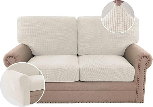 H.VERSAILTEX Multi-Pieces Sofa Covers Stretch Couch Covers Form Fitted Seats and Back Cushions Covers (2 Seat Covers Plus 2 Back Cusion Covers, Bonus 2 Armrest Covers), Ivory