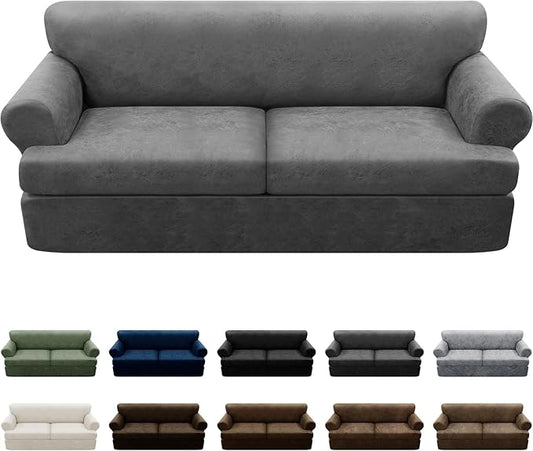 3-Pieces T Cushion Sofa Slipcovers - Leather Look Couch Cover for 2 Cushion Couch - Furniture Protector Stretch Sofa Cover With 2 Individual Seat Covers, Washable, Grey