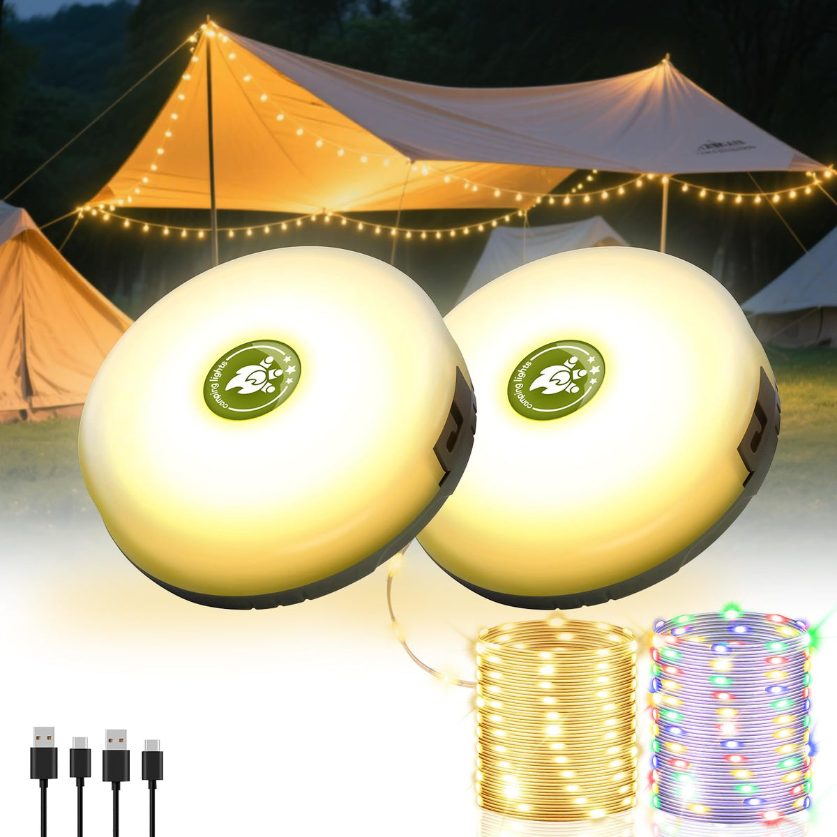 2 Pack Camping String Lights 4 in 1, 8 Modes Rechargeable - Image 1