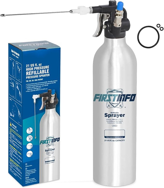 FIRSTINFO A1638 (3rd Gen) Patented Lightweight Max. Pressure 140psi / 620ml Thickened Aluminum Canister Refillable Aerosol Spray Can | Compressed Air Sprayer | Wide Mist Spray