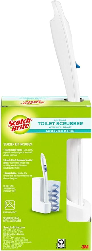 Scotch-Brite Disposable Toilet Scrubber Starter Kit, Disposable Refills with Built-in Bleach Alternative, Includes 1 Handle, Storage Caddy and 5 Refills