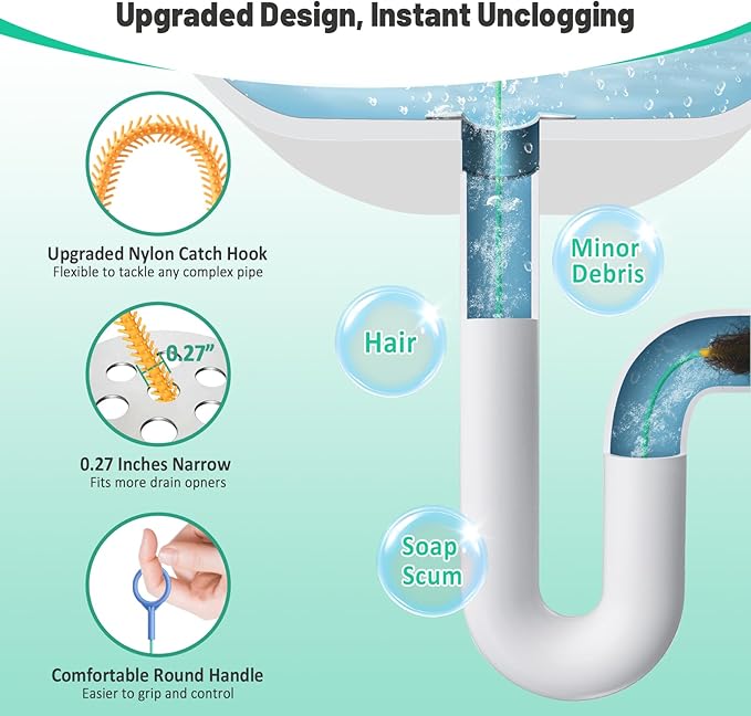 Reusable Drain Snake Hair Drain Clog Remover 30 Inch, 2026 Upgraded Sink Snake Drain Hair Removal Tool, Anti-Break Metal Shower Snake Drain Cleaner to Unclog Bathroom Sink, Tub (Blue head)