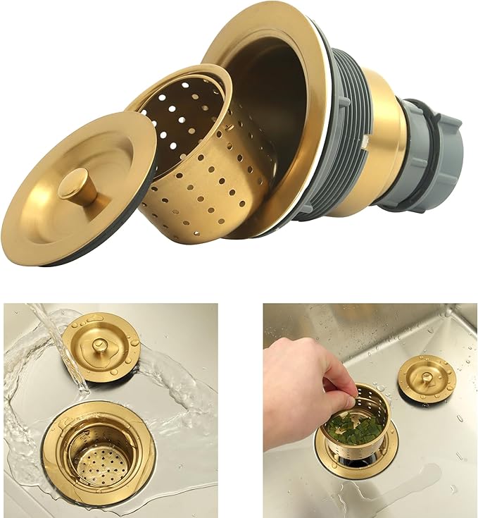 Gold Kitchen Sink Drain Assembly,Gold Sink Strainer with Removable Deep Waste Basket,Fit for Kitchen Sinks with Opening Size 3 1/2"