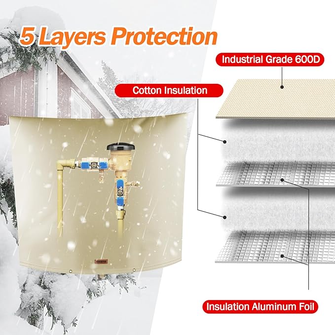 Backflow Preventer Pipe Insulation Cover (5°F) - Irrigation Sprinkler Valve Insulated Pouch - Water Well Pump Cover - Sturdy 5 Layers for Winter Freeze Protection, 80" W x 70" H, Beige