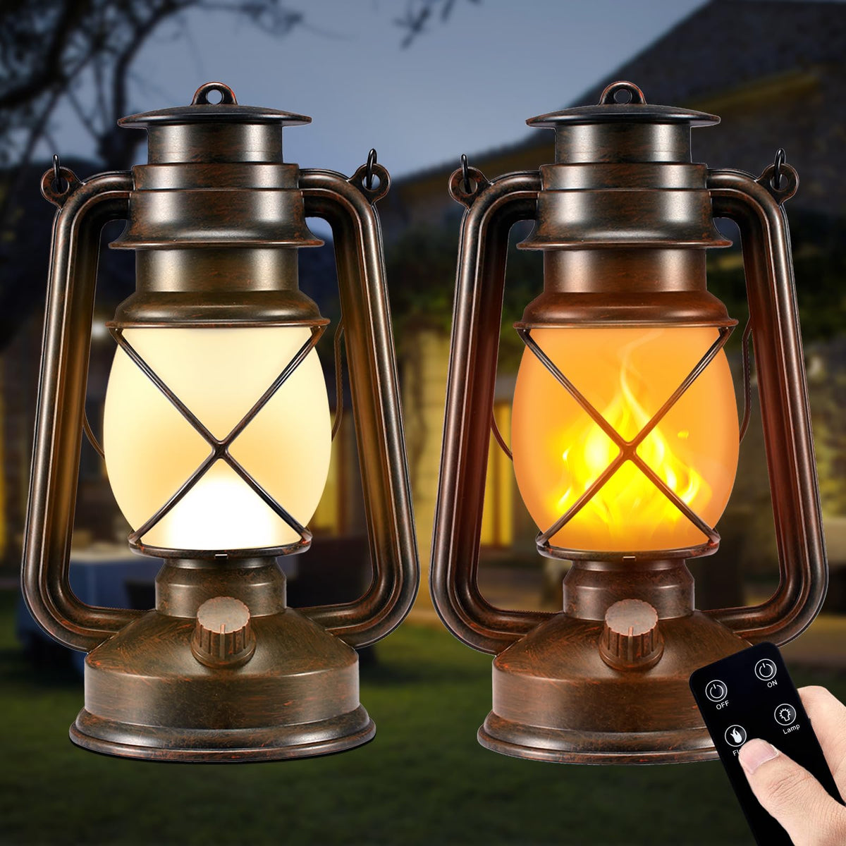 2 Pack Bronze Battery-Powered LED Lanterns with Flickering Flame - Image 1