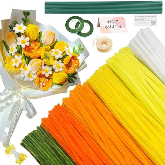 620 Pieces Pipe Cleaners Craft Set, 600 Pcs Chenille Stems with 20 Pcs Flower Stems, Craft Supplies Bulk for DIY Art and Craft Projects Creative Gift Wrapping Party Decorations(Golden Yellow Series)