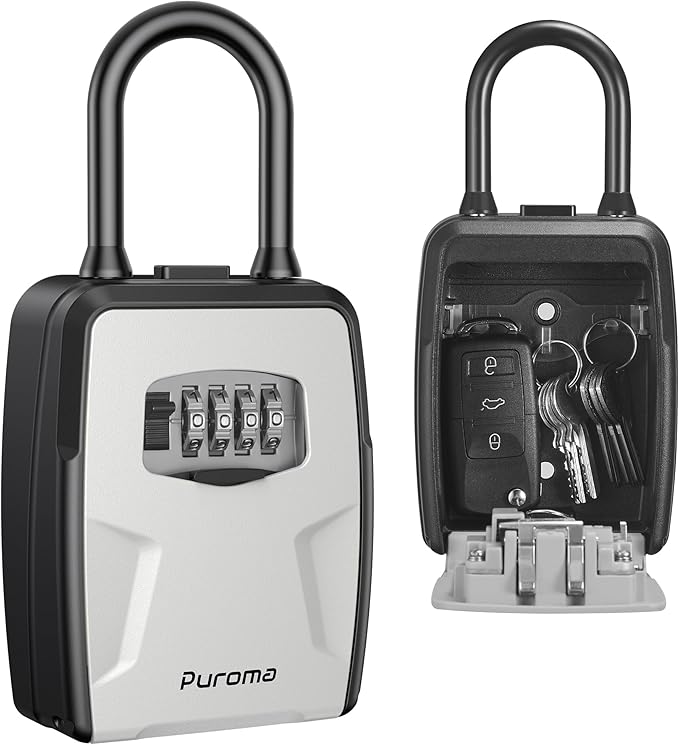 Puroma Large Key Lockbox with Hook, Resettable Combination Code Lock Box, Waterproof Security Wall Mount Lock Box with Shackle for Outdoor, Home, Door Handle Apartment Key Storage (1 Pack, Gray)
