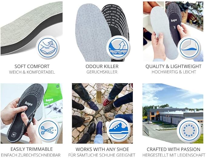 6 Pair Pack Anti Odour Shoe Insoles Set with Odor Eating Charcoal, Shoe Inserts, Kaps Odour Stop