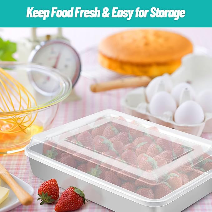 TeamFar Rectangular Cake Pan with Lid, 10.5’’ Stainless Steel Small Lasagna Baking Roasting Brownie Pan, Non-toxic & Deep Side, Brushed Surface & Dishwasher Safe, 2 PCS