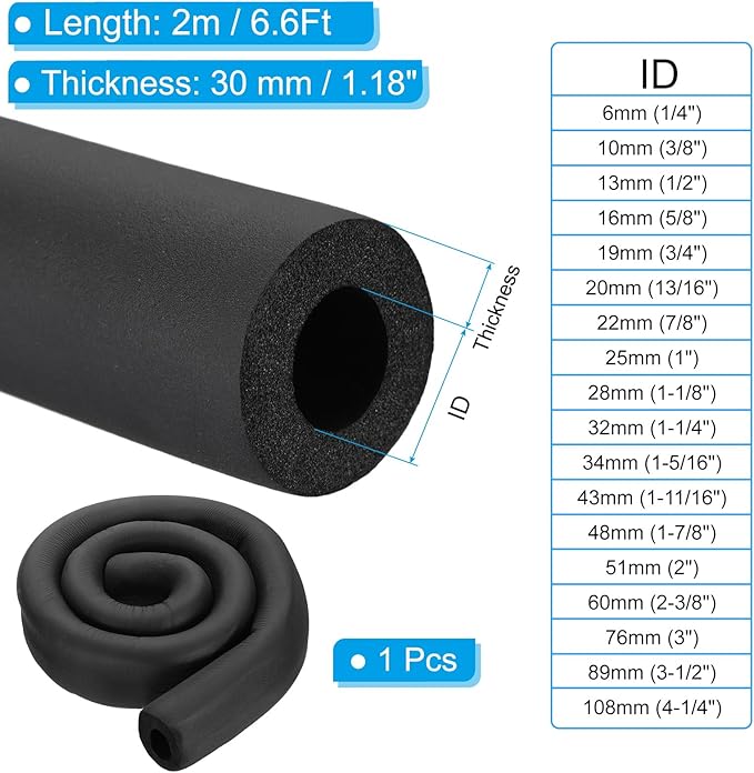 PATIKIL 1-5/16"(34mm) ID x 6.6Ft Pipe Insulation Foam Tube, Pipe Cover Wrap Roll Bar Padding Tubing for Handle Grip HVAC Outdoor Air Conditioner Units, Black