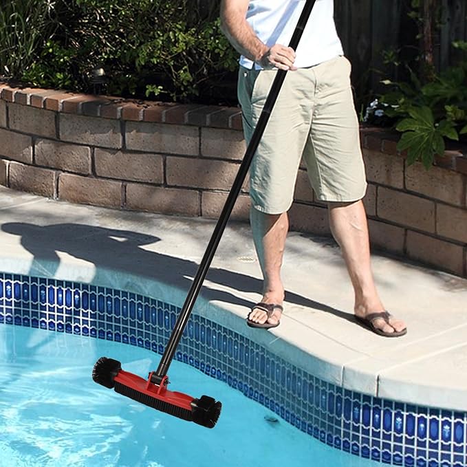 Pool Brush Head with Round Ends, Heavy Duty Pool Brushes for Cleaning Pool Walls, Floors Steps & Corners, 16" Pool Brush with Sturdy Aluminum Handle & Durable Nylon Bristles