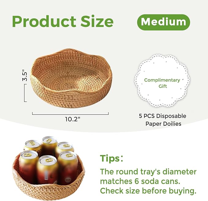 Wicker Bread Basket for Serving, Handwoven Rattan Bowl Wicker Basket for Gifts, Woven Basket for Organizing Bread, Decorative Bowl for Kitchen Dinging Room M