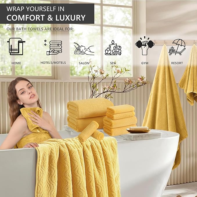 8 Piece Bath Towel Set |2 Oversized Large Bath Sheet,2 Hand Towels,4 Washcloths| Ultra Soft Cozy Bath Towel Set for Bathroom Hotel Gym Spa,Highly Absorbent Quick Dry Bathroom Towel Collections,Yellow