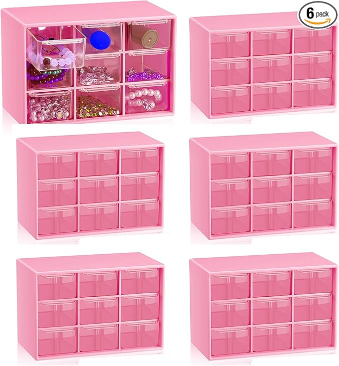 6 Pcs Small Drawer Organizer for Desk, Mini Desktop Drawer Organizer with 9 Clear Drawers, Plastic Desktop Craft Storage Box for Desk Office School Home 7.1" x 3. 8" x 4.6" (Pink)