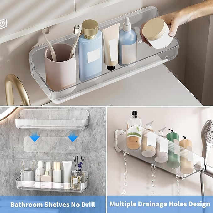 Diesisa 2pc Acrylic Wall Mount Organizer - Adhesive Shelf - Wall Organizers - No Drilling - Bathroom Shelves - Stick Wall Shelf with 3packs Self Adhesive Tapes, for Bathroom, Kitchen-Clear