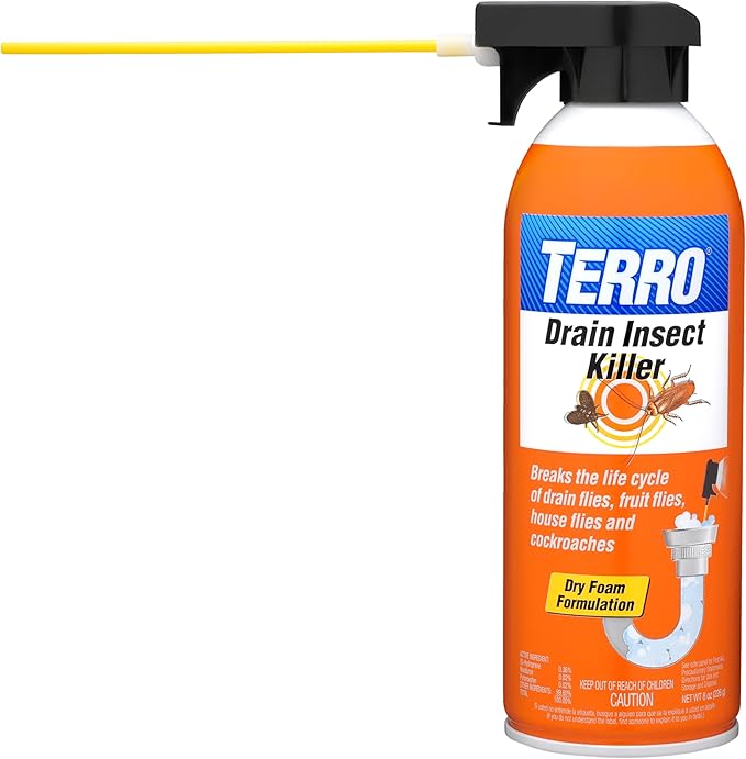 TERRO Drain Insect Killer - T590 Drain Fly Killer Spray - Foam Treatment for Fruit Flies, House Flies, and Cockroaches (Pack of 2)