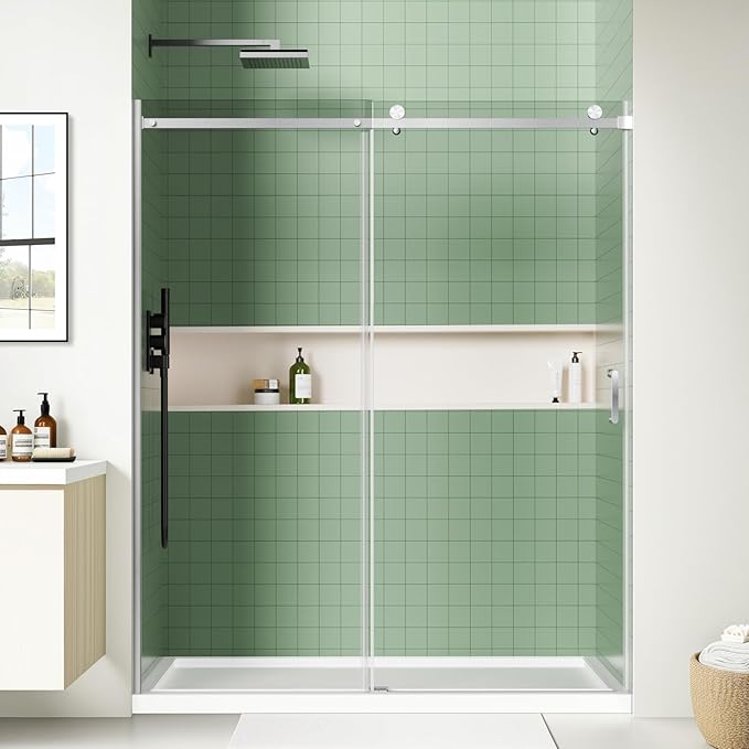 48" x 72" Frameless Sliding Shower Door, (1/4") Tempered Glass, Heavy-Duty 304 Stainless Steel Hardware, Adjustable 46-48" Width, Silent φ40 Rollers & 6" Handle, No-Leak F-Type/Bubble Seals