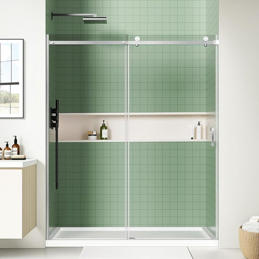 48" x 72" Frameless Sliding Shower Door, (1/4") Tempered Glass, Heavy-Duty 304 Stainless Steel Hardware, Adjustable 46-48" Width, Silent φ40 Rollers & 6" Handle, No-Leak F-Type/Bubble Seals