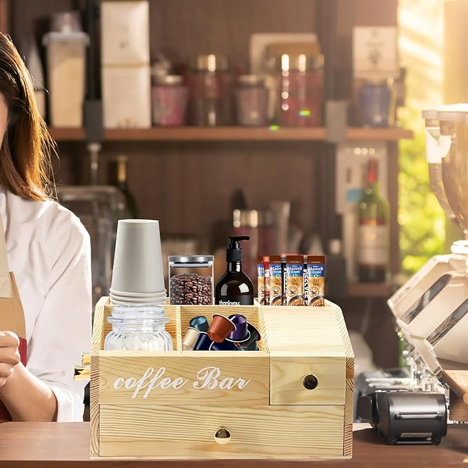 Coffee Station Organizer - Farmhouse Wood Kcup Holder for Counter, Countertop Snack Organizer with Hanging Handles, Suitable for Snacks, Coffee Capsules, Syrups and Various Accessories（Wood）