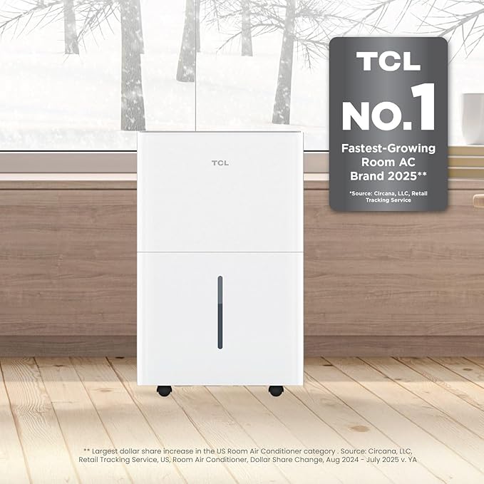 TCL 3000 Sq. Ft. Smart Dehumidifier, Energy Star Most Efficient, Ultra-Compact, 32 Pints Per Day, for Whole House, Basement, Bathroom & Bedroom, Works with Alexa/Google Assistant