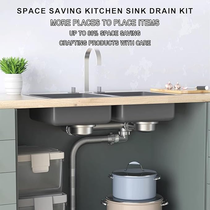 Double Sink Drain Kit Space Saving Kitchen Sink Drain Kit Multi Function P Trap Adjustable Kitchen Sink Drain Kit Universal Kitchen Sink Drain Kit 1 1/2 Flexible Drain Pipe