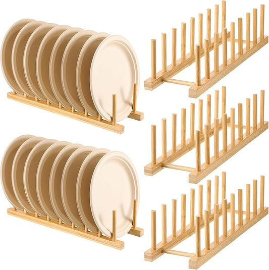 5 Pcs Bamboo Dish Racks, 8 Slots, Vertical Drainer, Plate Drying Stand Holder, Kitchen Cabinet Organizer for Dish, Pot Lids, Plates, Cups, and Cutting Boards and Books