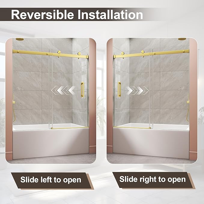 Frameless Bathtub Shower Door, Tub Sliding Door with Nano Coating & Safety Film, 1/4" (6mm) SGCC Tempered Glass，Adjustable 55"-60" W x 60" H, Brushed Gold
