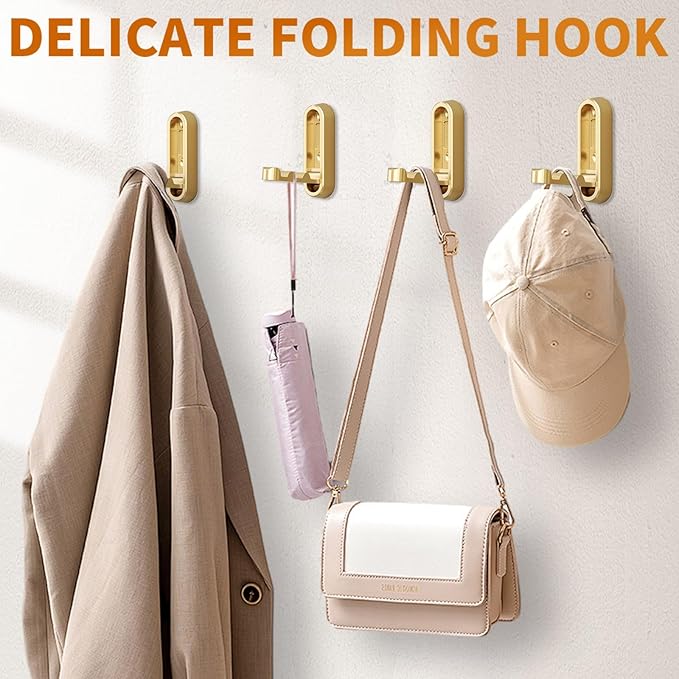 Foldable Hooks Wall Mount, Folding Coat Hooks Wall Mounted - Retractable Space Saving Organizer for Bathroom, Kitchen, Bedroom & Closet - Holds Scarf, Hat, Robe, Key, Purse, Bag (4, Gold)