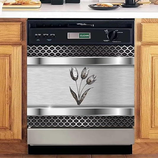 Stainless Steel Dishwasher Magnet Cover Decor, Metal Floral Dishwashing Sticker Magnetic, Kitchen Fridge Door Magnet Cover Vinyl Sticker (23" x 17" Magnetic)