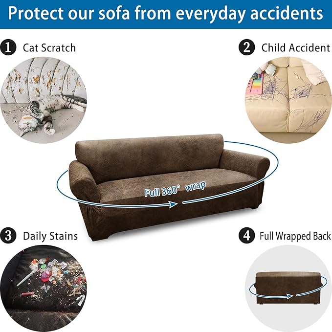 Oversized Sofa Slipcover Leather Look Couch Cover for 4 Seater Sofa 1-Piece Sofa Cover Stretch Furniture Protector with Elastic Bottom & Pockets(XL Sofa, Light Brown)