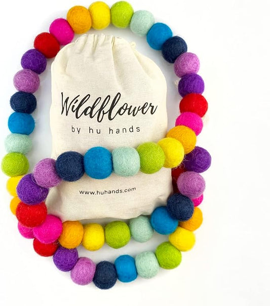 Garland for Wildflower by Hu Hands Rainbow Party - 100% Handmade Wool Felt Pom Poms - (50) Pure New Zealand Wool Felt Balls - DIY Pompoms - 0.8-1.0" Size - Drawstring Muslin Bag