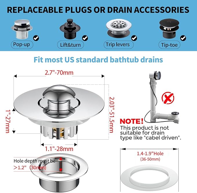 Universal Tub Stopper for Bathroom Sink & Bathtub Drain, 2-in-1 Pop Up Drain Stopper with Hair Catcher, Brass Anti-Clog Bathroom Sink Drain Strainer, Easy to Clean, Fits 1.5" to 1.8" Drain Holes