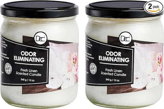 Fresh Linen Two Pack Odor Eliminating Highly Fragranced Candle - Eliminates 95% of Pet, Smoke, Food, and Other Smells Quickly - Up to 80 Hour Burn time - 12 Ounce Premium Soy Blend
