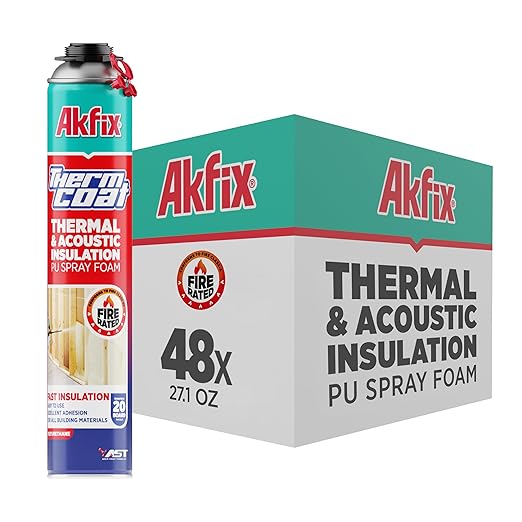 Akfix Thermcoat Fire Rated Spray Foam Insulation 960 sq ft (48x27.1 oz) - (R-Value 11.32/2 inch) Closed Cell Expanding Wide Sealant Thermal Insulation for Walls and Attic - Gun&Cleaner NOT Included