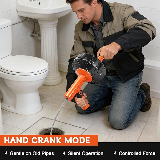 45 FT Drain Snake Tools, Manual Or Powered Double Mode Auto Retract Drain Drain Auger with Drill Attachment, plumbing snake for Sink、 Drain Unblocking、Toilet、Shower、Kitchen、Sink