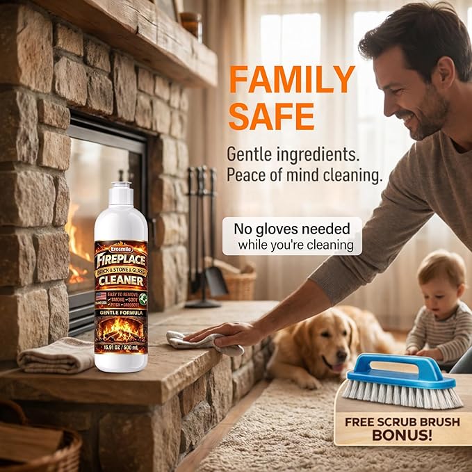Fireplace Cleaning Set Fireplace Soot Remover with Scrub Brush for Brick, Stone, Rock, Tile, and Marble – Nonabrasive Brick Cleaner, Gentle Formula for Bricks & Glass Indoor and Outdoor -16.91 oz