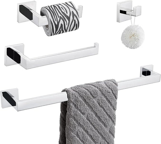 Bathroom Hardware Set 4-Piece, Angle Simple SUS304 Stainless Steel Bath Accessory Kit, Bathroom Fixture Set with Robe Hook, Toilet Paper Holder, Towel Holder and Towel Bar Polished Chrome
