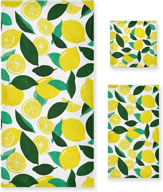 Pfrewn Fresh Lemon Towels Set of 3 Yellow Lemons Leaves Bathroom Towel Soft Absorbent Bath Hand Towels Washcloth Guest Towel Sets Bathroom Decorations