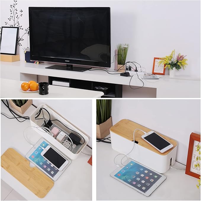 Changsuo Cable Management Box Small White, Extension Cord Organizer for Power Stripe Surge Protector Wire Management Concealer Cover Hider for Desktop Home Office Kitchen (White)