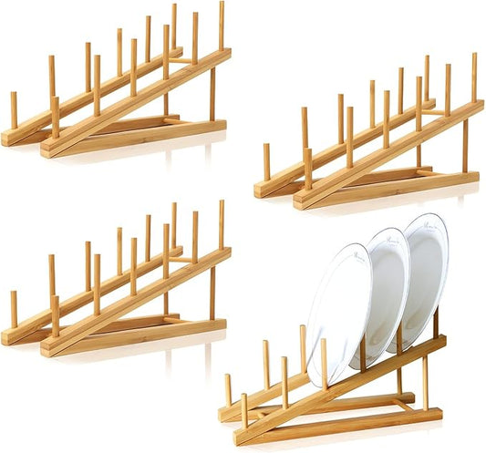 4 PCS Wooden Dish Drying Rack Bamboo Plate Dish Rack Stand Kitchen Cabinet Organizer Pot Lid Holder for Plate, Dish, Cup, Cutting Board, Bowl, Pot Lid